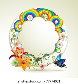 Background with lilies, butterfly and drops of water over rainbow