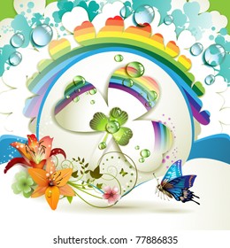 Background with lilies, clover and drops of water over rainbow