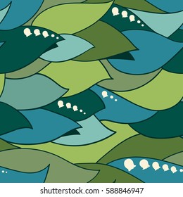 Background with lilies of the valley, leaves of lilies of the valley.
