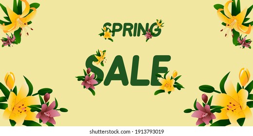 Background with Lilies. Vector illustration. Spring design with yellow and pink lilies with text. Suitable for template, logo, promotions, banner, postcard, sales, website background, sales templates
