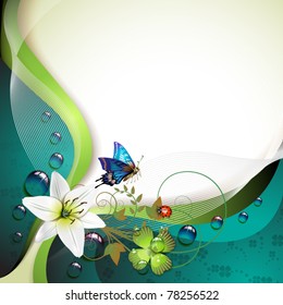 Background with lily, butterfly and drops of water