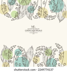 Background with lily of the valley: convallaria plant, leaves and lily of the valley flowers. Convallaria majalis. Cosmetic, perfumery and medical plant. Vector hand drawn illustration