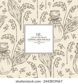 Fondo con lirio del valle: planta convallaria, hojas y lirio del valle flores y botella de aceite esencial de lirio. Convallaria majalis. Cosmética, perfumería y medicina