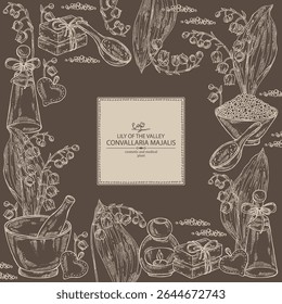 Background with lily of the valley: convallaria plant, leaves and lily of the valley flowers. Convallaria majalis. Oil, soap and bath salt . Cosmetics and medical plant. Vector