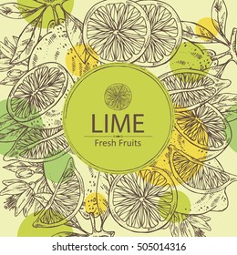 Background with lime, lime slice and flower . hand drawn . 