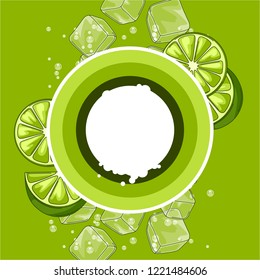 Background with limes. Ice cubes and soda bubbles. Fresh healthy juice. Delicious flavored cold drink. Green stylized citrus fruits whole and slices.