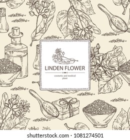 Background with linden flower: leaves and flowers. Oil, soap and bath salt . Perfumery, cosmetics and medical plant. Vector hand drawn illustration 