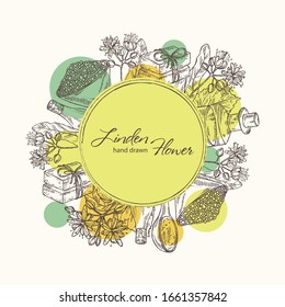 Background with linden flower: leaves and flowers. Oil, soap and bath salt . Perfumery, cosmetics and medical plant. Vector hand drawn illustration 