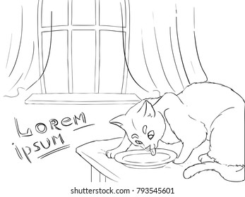 Background line art - window and cat with place for text. Coloring page