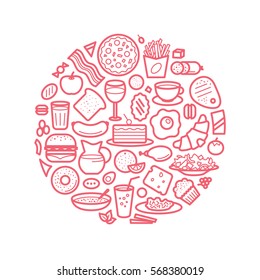 Background With Line Icons of Food Like Sausage, Cake, Donut, Croissant, Bacon, Muffins, Coffee, Salad etc. Vector Illustration.