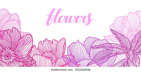 Background with linear peonies. Beautiful decorative stylized summer flowers.