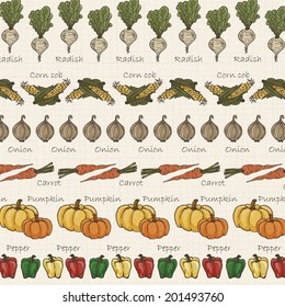 Background of lined vegetables in vintage tone.  It is a background image of lined and colored vegetable patterns in vintage tone background.  