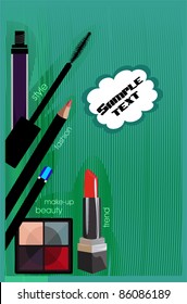 Background with lipstick, and mascara, eye-shadows and pencil
