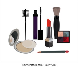 Background with lipstick, mascara, eye-shadows, pencil, powder and cosmetic brushes