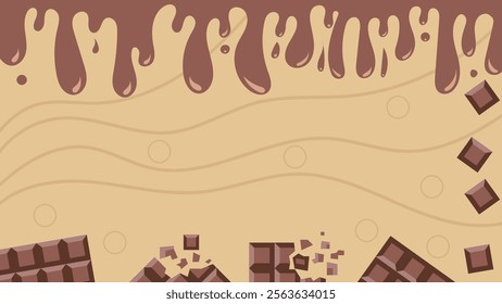 Background of liquid chocolate and dark chocolate bars. Vector illustration. Suitable for wallpapers, posters, banners, etc.