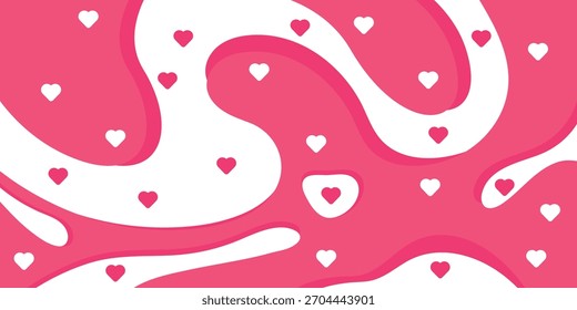 Background Liquid wave fluid shapes pink color on white backdrop. Love hearts seamless pattern