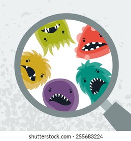 Background with little angry viruses, microbes and magnifier.