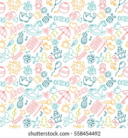 Background for little boys and girls in sketch style. Doodle children drawing background. Hand drawn children drawings color seamless pattern. Vector illustration.