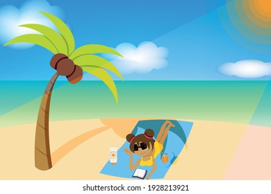 Background of Little girl going to the beach and read a book,Coconut tree, Sea, Cloud, Sun light and The skys