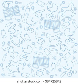 The background for a little newborn boy. Blue background with cute items for baby.
