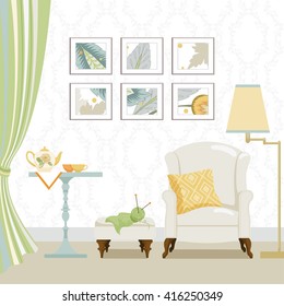 Background with living room and objects. A room in a classic English style. Flat design.