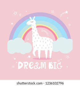 Background, llama, english text. Dream big, cute poster design. Backdrop vector with rainbow, lettering, stars. Decorative illustration. Save the date card. Happy animal