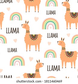 background of llama, rainbow, heart and lettering, colorful seamless pattern with animals, decorative cute wallpaper, good for printing, vector illustration
