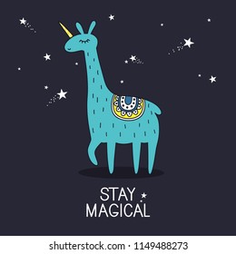 Background, llama are unicorn, english text. Stay magical, cute poster design. Backdrop vector with lettering, stars. Decorative illustration. Save the date card. Happy animal