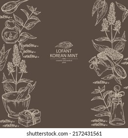 Background with lofant: lofant plant, leaves, korean mint flowers, bath salt, soap and beauty products. Wrinkle gaint hyssop. Cosmetic, perfumery and medical plant. Vector hand drawn illu