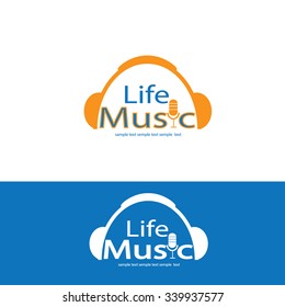 background with logo, headphone and microphone with the words life music