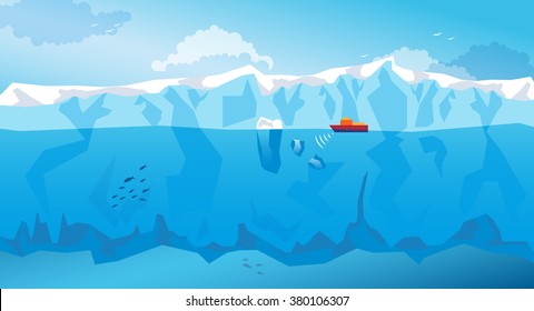 Background with long Iceberg and red ship. Vector