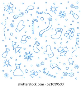 Background with lots of Christmas items. Hand drawn holiday pattern. Design element for cover, print, web, wrapping. Vector illustration
