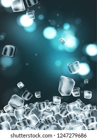 Background with lots of cubes of transparent ice. Highly detailed realistic illustration.