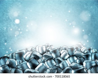 Background with lots of cubes of transparent ice. Highly detailed realistic illustration.