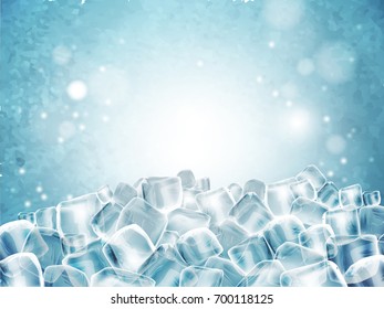 Background with lots of cubes of transparent ice. Highly detailed realistic illustration.