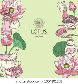 Background with lotus: bud, lotus flower and leaves, soap and bath salt . Cosmetic, perfumery and medical plant. Vector hand drawn illustration
