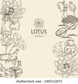 Background with lotus: bud, lotus flower and leaves, soap and bath salt . Cosmetic, perfumery and medical plant. Vector hand drawn illustration