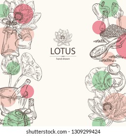 Background with lotus: bud, lotus flower and leaves, soap and bath salt . Cosmetic, perfumery and medical plant. Vector hand drawn illustration
