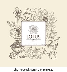 Background with lotus: bud, lotus flower and leaves, soap and bath salt . Cosmetic, perfumery and medical plant. Vector hand drawn illustration