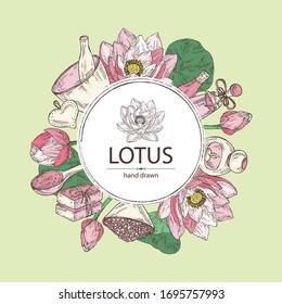 Background with lotus: bud, lotus flower and leaves, soap and bath salt . Cosmetic, perfumery and medical plant. Vector hand drawn illustration