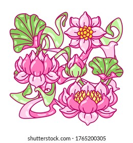 Background with lotus flowers. Art Nouveau vintage style. Water lily decorative illustration. Natural tropical plants.