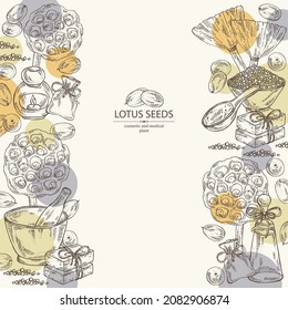 Antecedentes con loto: semillas de loto y frutas, sal de baño, jabón y productos de belleza. Cosmética, perfumería y planta médica. Ilustración dibujada a mano por el vector
