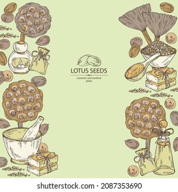 Background with lotus: lotus seed and fruits, bath salt, soap and beauty products. Cosmetic, perfumery and medical plant. Vector hand drawn illustration