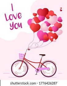 Background for a love card with a Bicycle and balloons in the form of hearts. Vector poster in modern flat style.