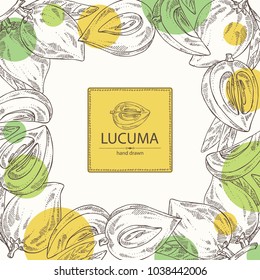 Background with lucuma: fruit, lucuma slice and leaves. Super food. Vector hand drawn illustration