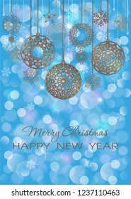 Background with luminescent glow, garlands, snowflakes and christmas decorations. New Year card or invitation. Merry Christmas and Happy New Year.