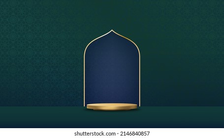 Background lunar islamic art deco with 3d podium,Window gold frame decoration islam backdrop ornament template,Vector Arabic pattern geometric shape, texture arabian traditional motif for holiday card