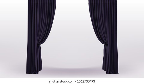 Background with luxury black curtains with holder and draperies