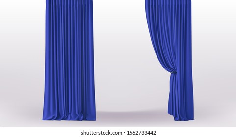 Background with luxury blue curtains with holder and draperies