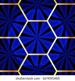 background luxury. blue honeycombs with golden contours in the shape of sunbeams. Template for text 
